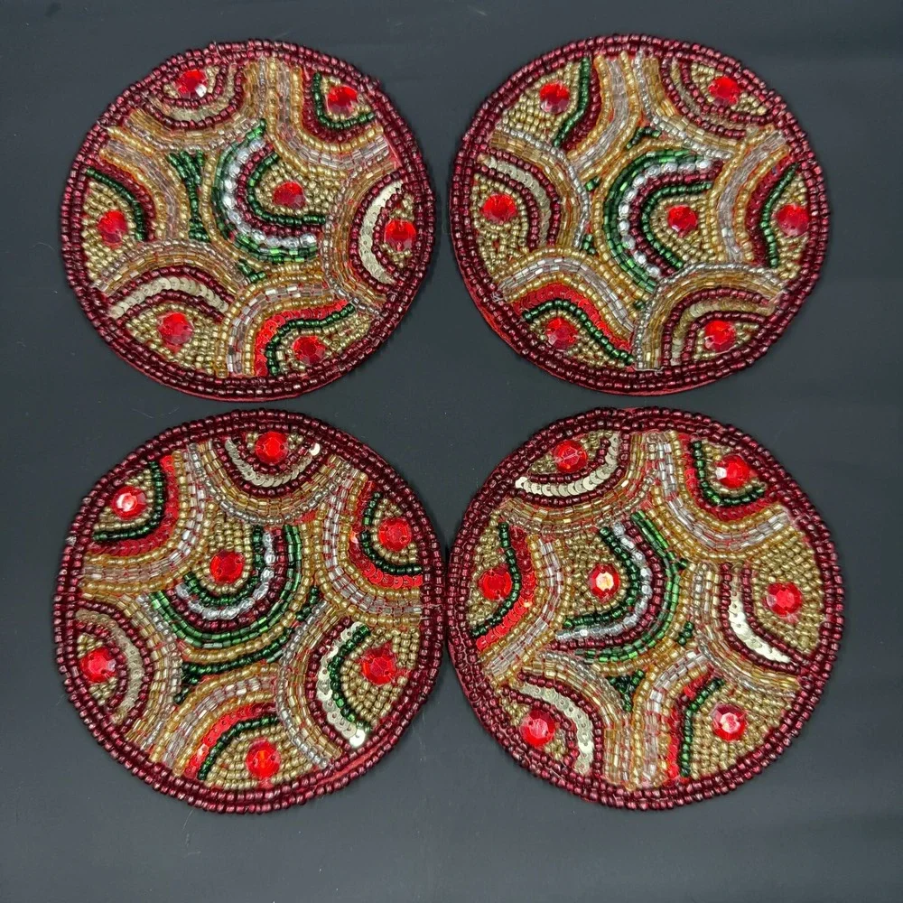 Mackenzie Childs‎ Set of 4 Savoy Holiday Beaded Coasters Red Green Gold